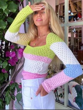 Unk Long Sleeve Crochet Top in Lime Green, White, Pink, Blue
